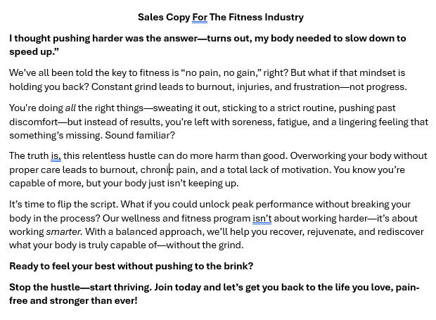 Sales Copy (Fitness Industry)