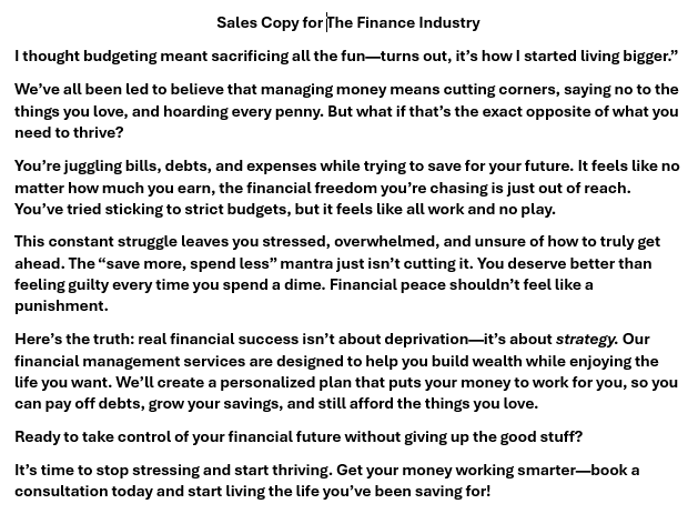 Text outlining financial services that stress building wealth without sacrificing enjoyment, offering personalized financial plans.